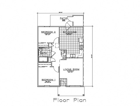 Floor plan for 2 beds, 1.5 baths, 884 sqft